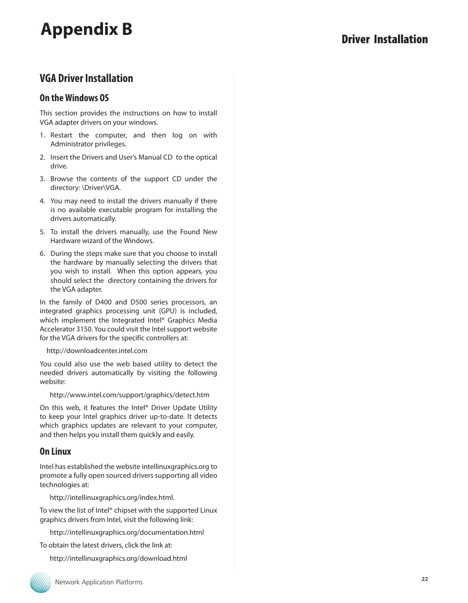 Vga driver installation, On the windows os, On linux | Vga driver installation 22, On the windows os 22 on linux 22, Appendix b, Driver installation | Lanner LEC-3110 User Manual | Page 24 / 26