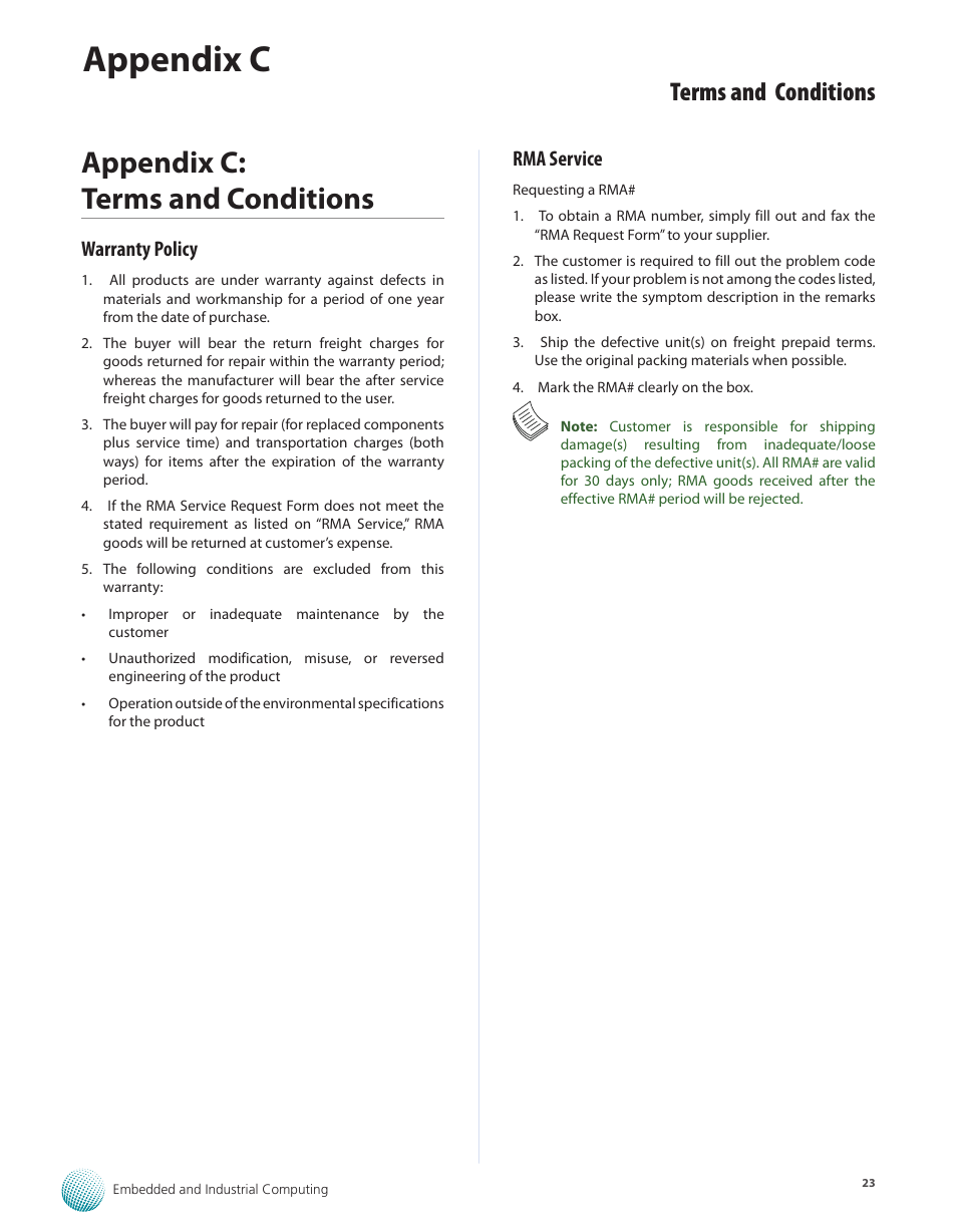 Appendix c: terms and conditions, Warranty policy, Rma service | Warranty policy 23 rma service 23, Appendix c, Terms and conditions | Lanner LEC-3110 User Manual | Page 25 / 26