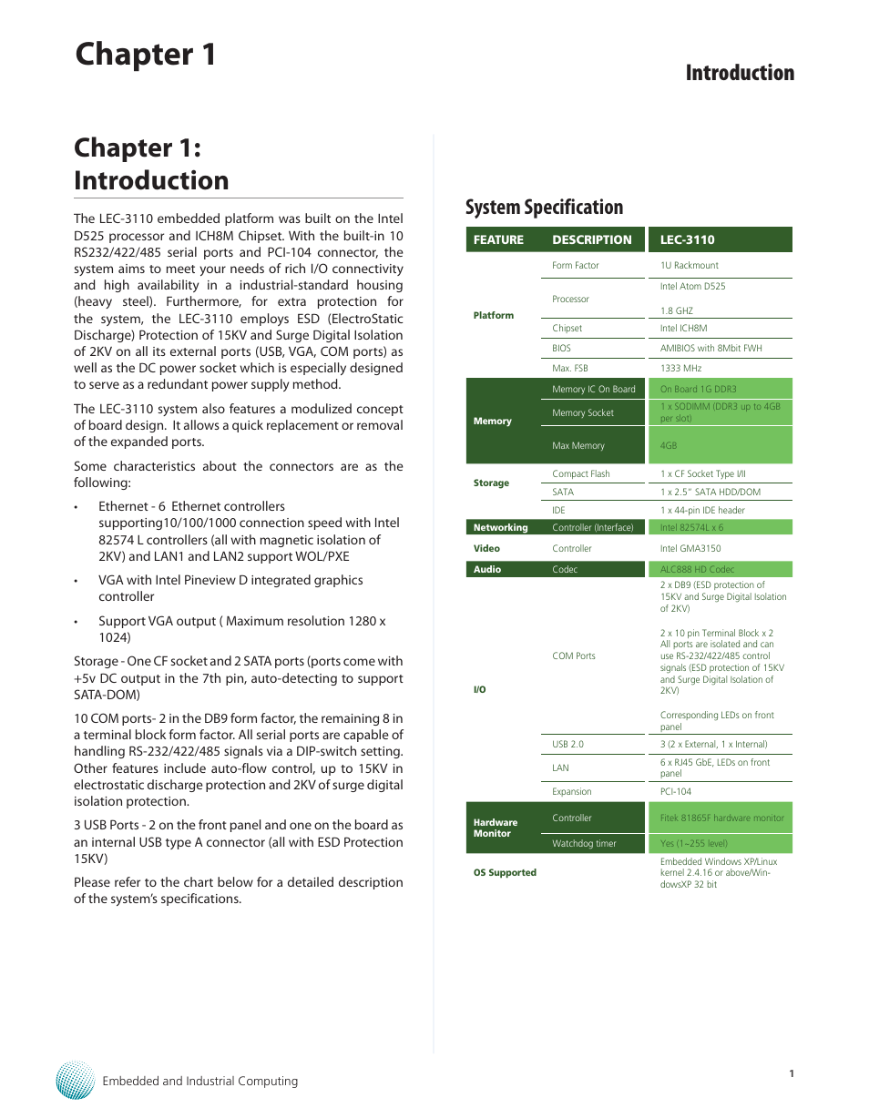 Chapter 1: introduction, System specification, System specification 1 | Chapter 1, Introduction | Lanner LEC-3110 User Manual | Page 3 / 26