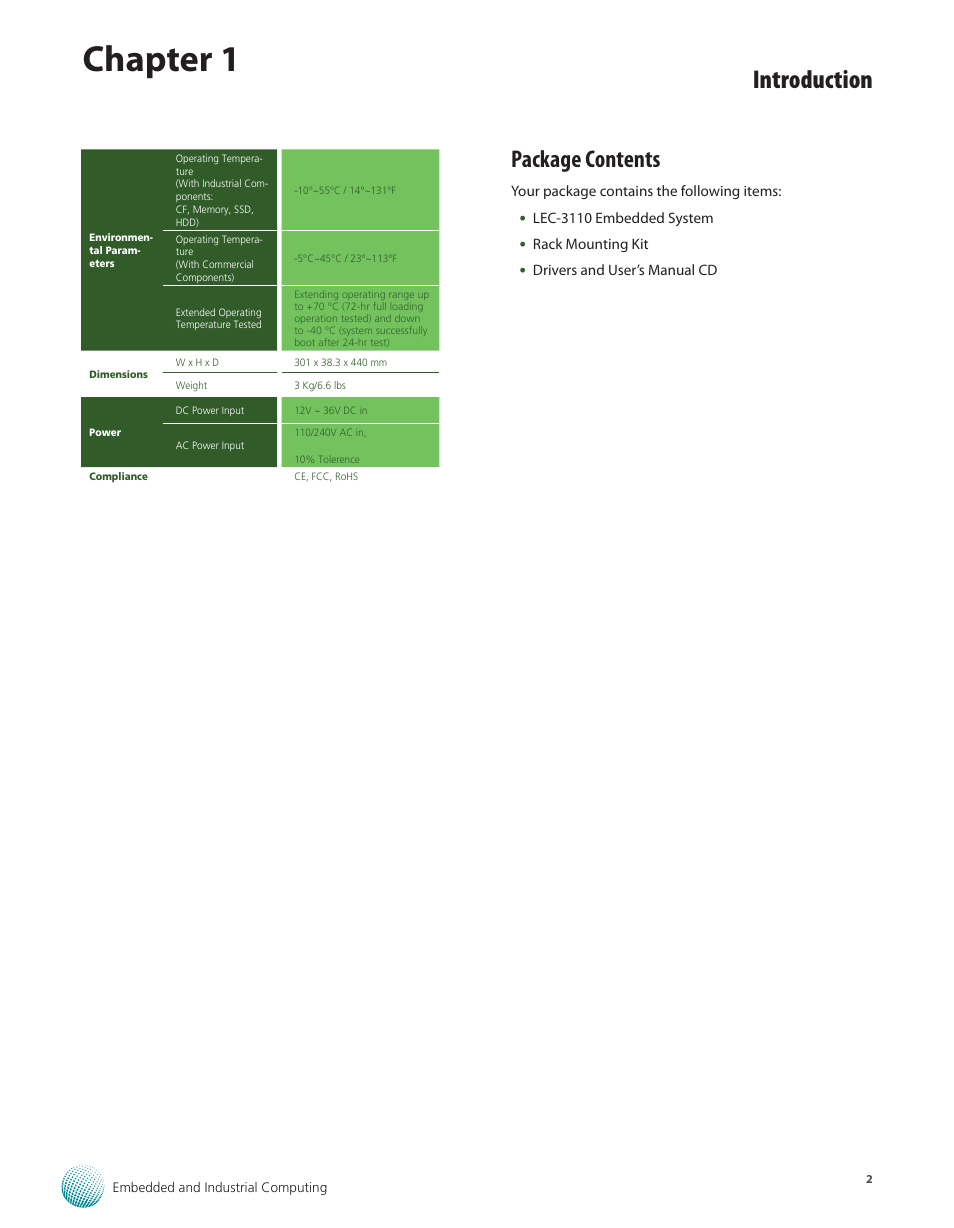 Package contents, Package contents 2, Chapter 1 | Introduction | Lanner LEC-3110 User Manual | Page 4 / 26