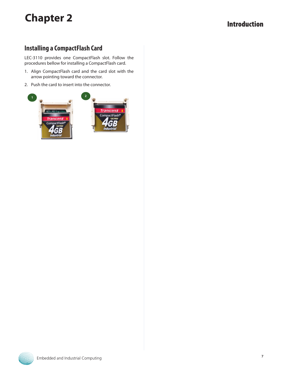 Installing a compactflash card, Installing a compactflash card 7, Chapter 2 | Introduction | Lanner LEC-3110 User Manual | Page 9 / 26