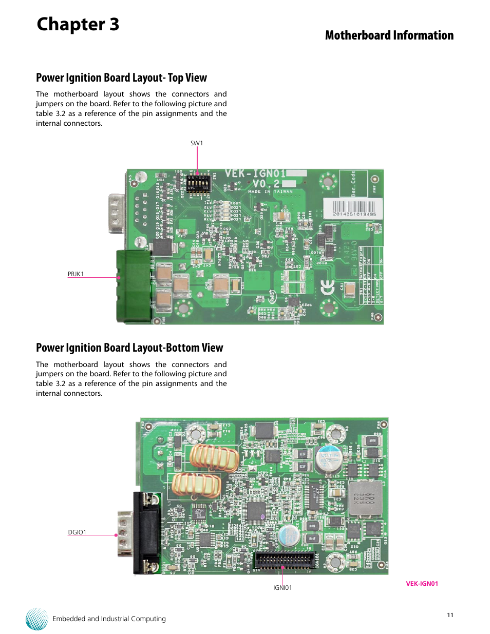 Chapter 3, Motherboard information, Power ignition board layout- top view | Power ignition board layout-bottom view | Lanner VES-500 User Manual | Page 11 / 21