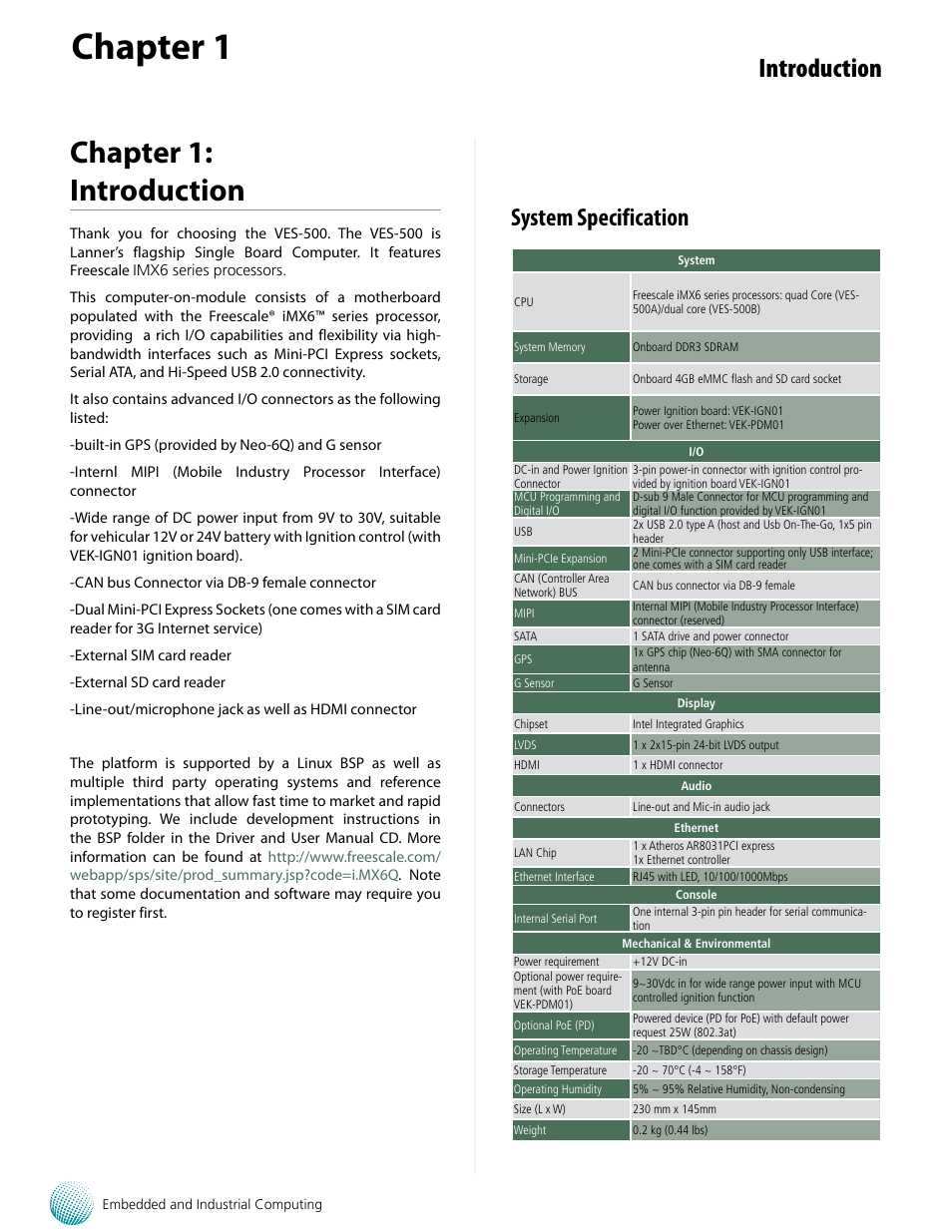 Chapter 1, Chapter 1: introduction, Introduction | System specification | Lanner VES-500 User Manual | Page 4 / 21