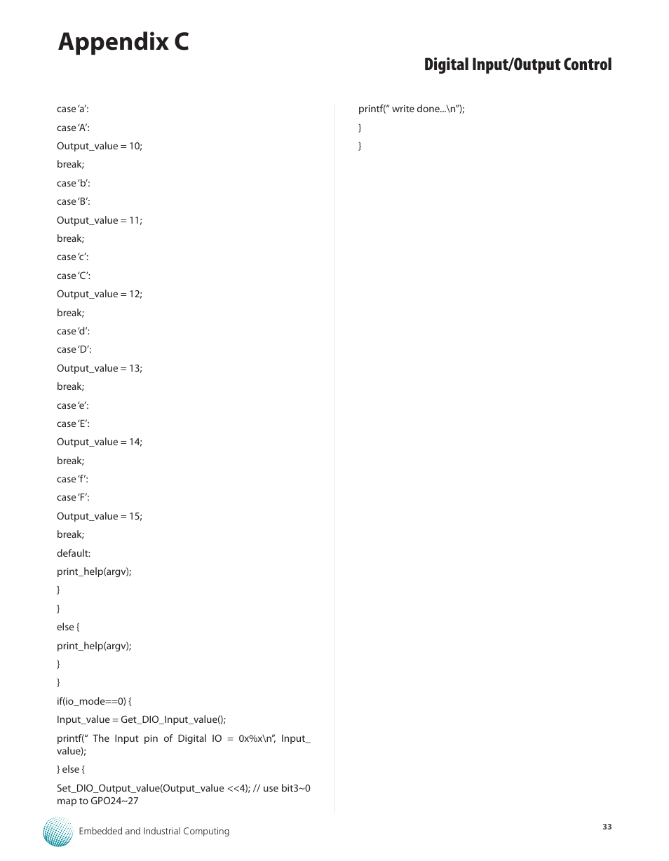 Appendix c, Digital input/output control | Lanner LEC-7100 User Manual | Page 36 / 38