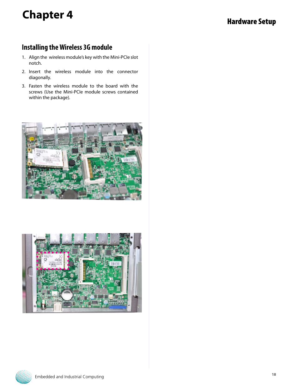 Chapter 4, Hardware setup, Installing the wireless 3g module | Lanner LEC-7220 User Manual | Page 18 / 21