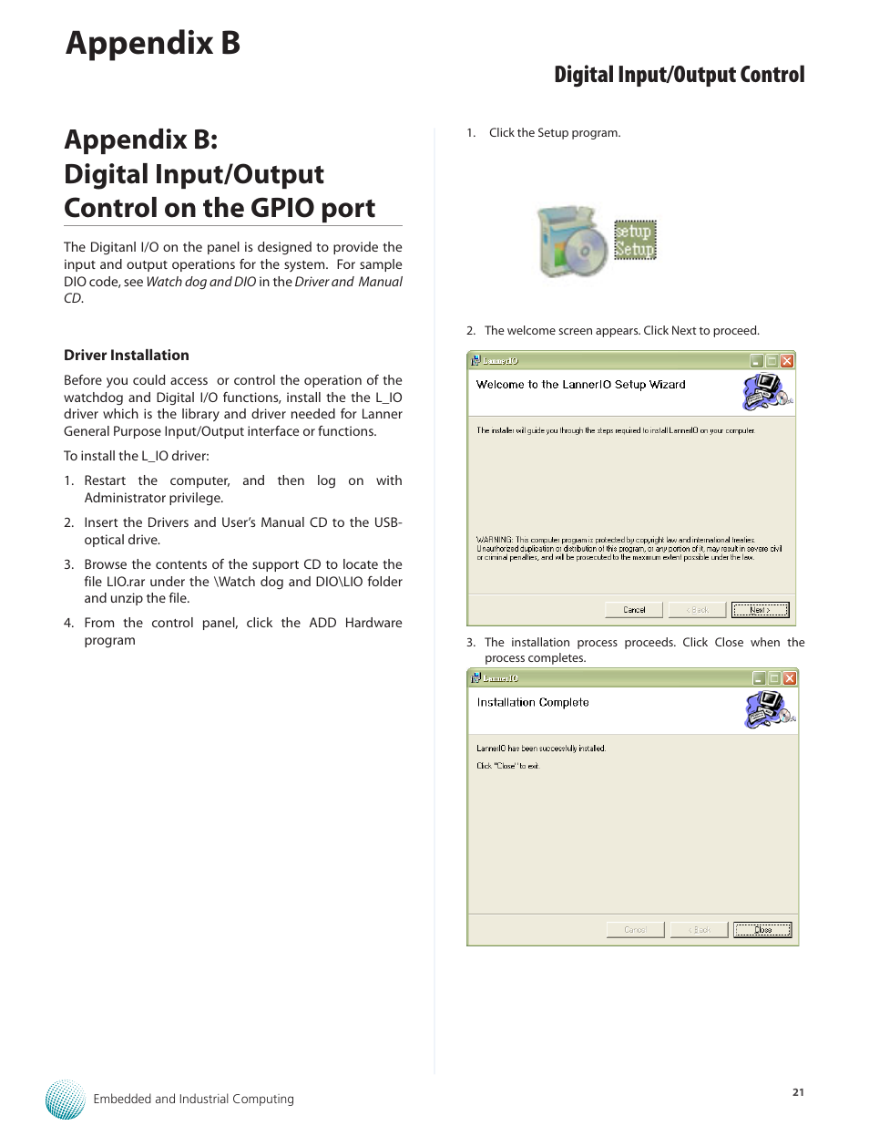 Appendix b, Digital input/output control | Lanner LEC-7230 User Manual | Page 21 / 24