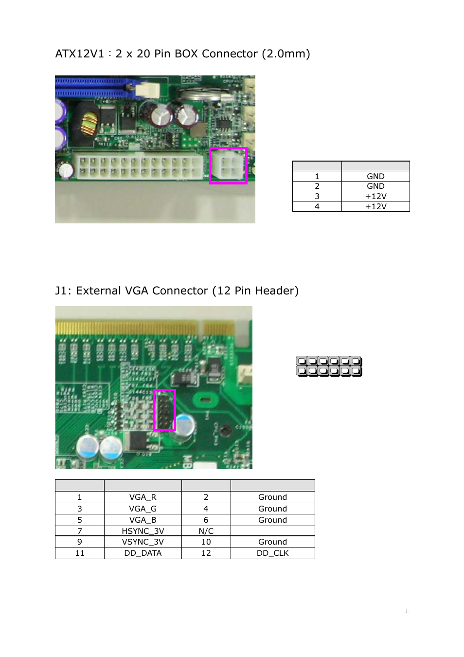 J1: external vga connector (12 pin header) | Lanner FW-8750 User Manual | Page 19 / 45