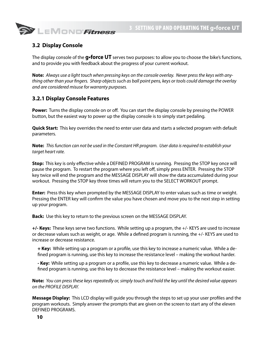 3 setting up and operating the g•force ut | LeMond g-force UT User Manual | Page 10 / 44