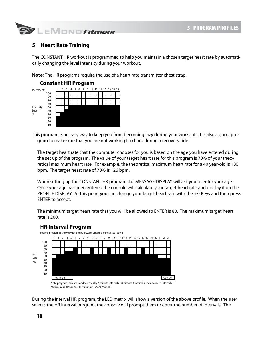 5 program profiles, 5 heart rate training, Constant hr program hr interval program | LeMond g-force UT User Manual | Page 18 / 44