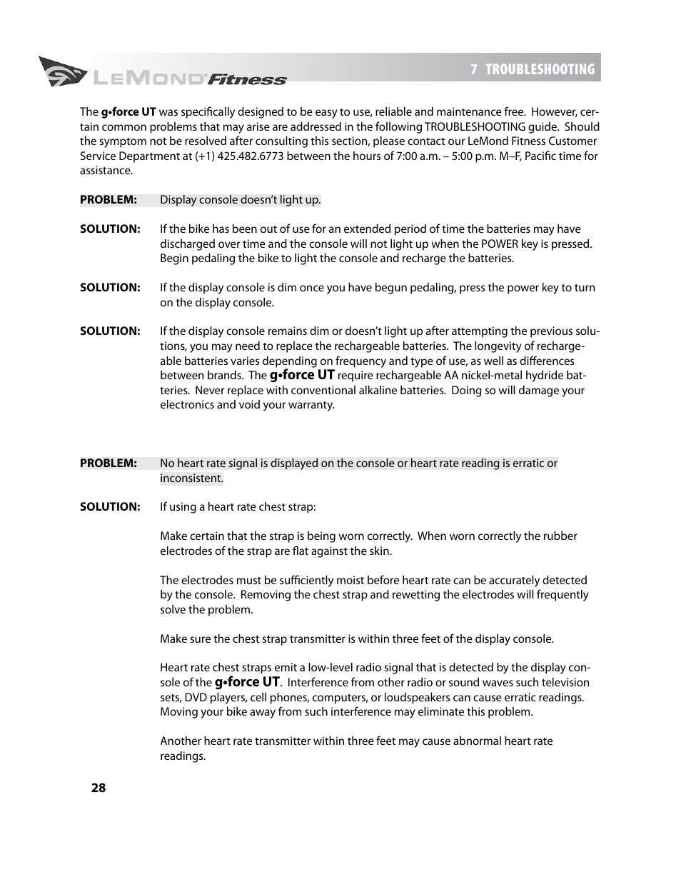 7 troubleshooting | LeMond g-force UT User Manual | Page 28 / 44