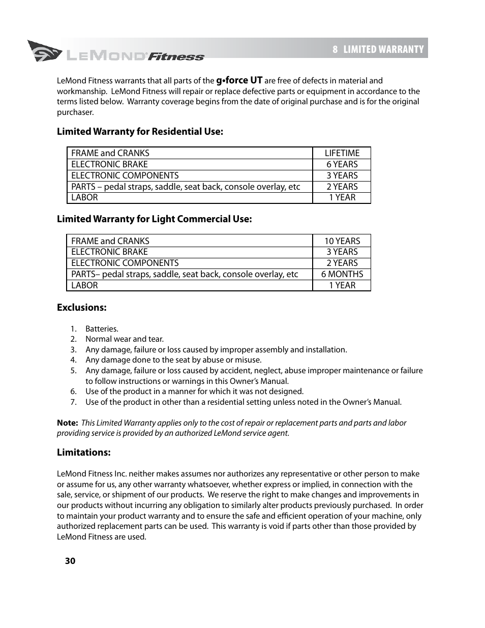 LeMond g-force UT User Manual | Page 30 / 44