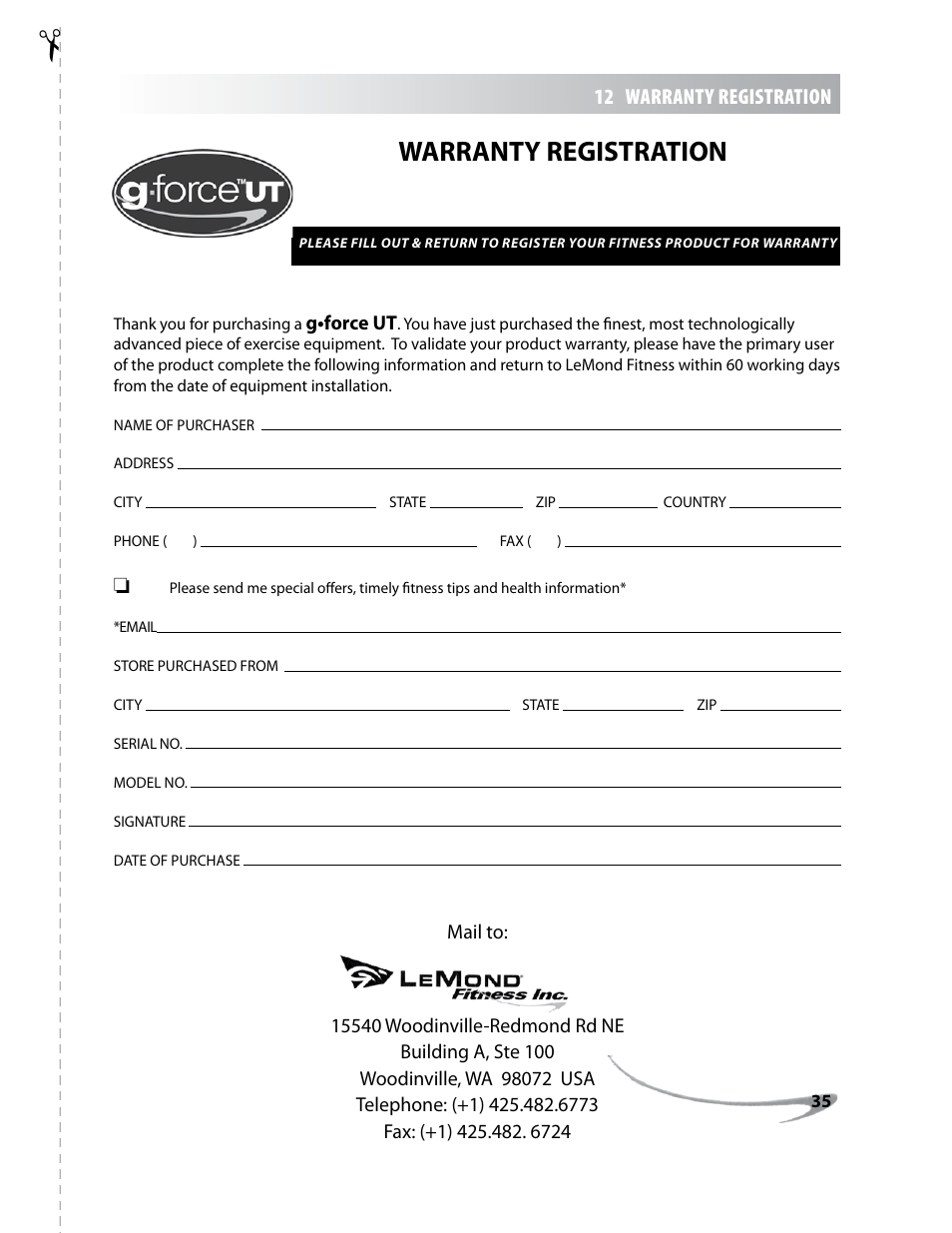 Warranty registration, 12 warranty registration | LeMond g-force UT User Manual | Page 35 / 44