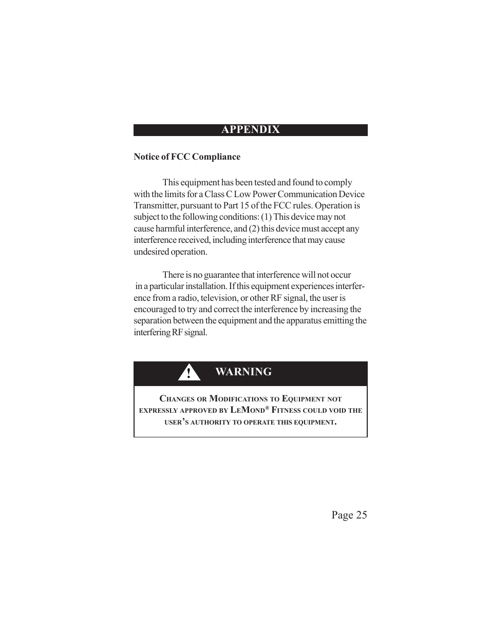 Page 25 appendix, Warning | LeMond RevMaster Pilot User Manual | Page 25 / 29