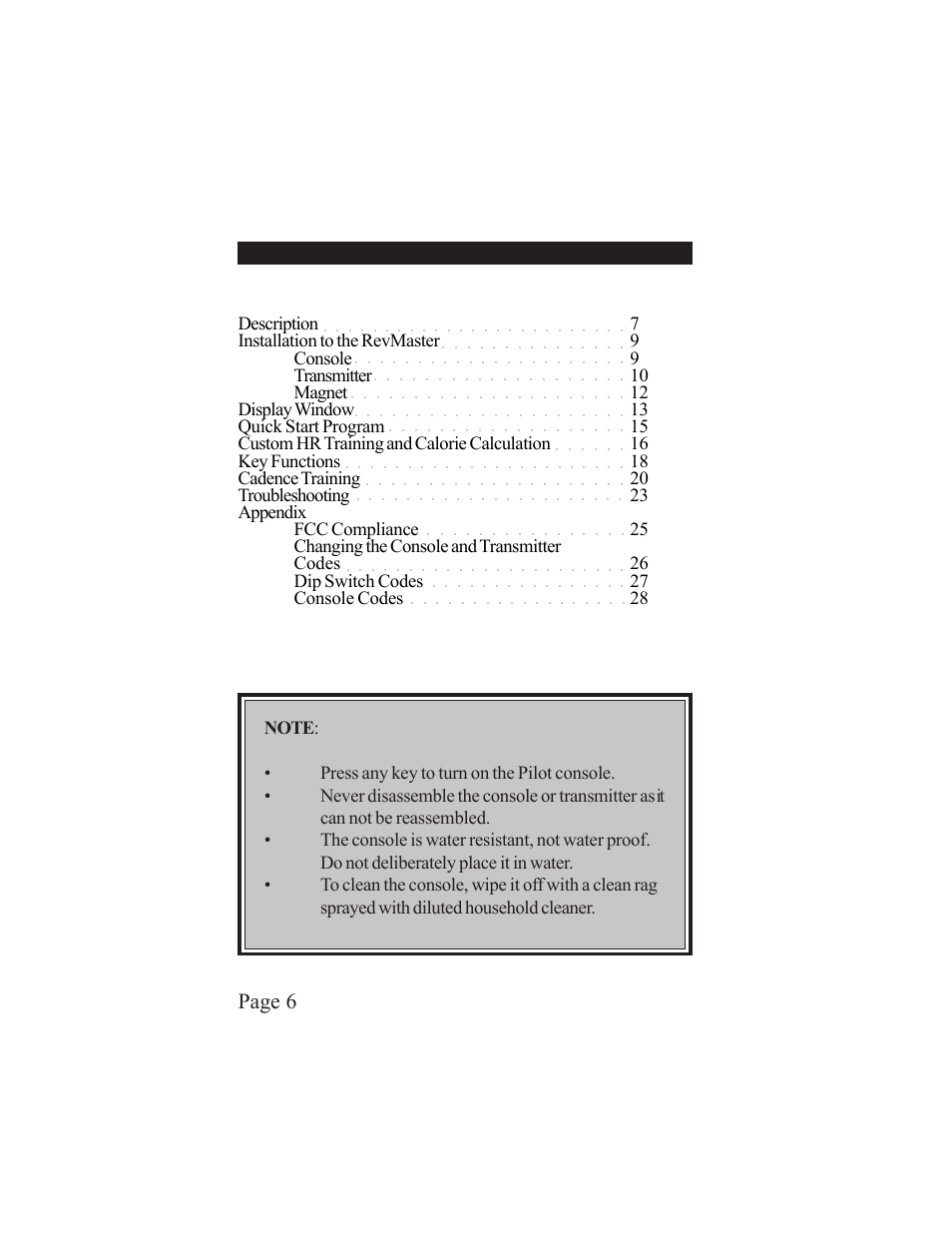 Page 6 contents | LeMond RevMaster Pilot User Manual | Page 6 / 29