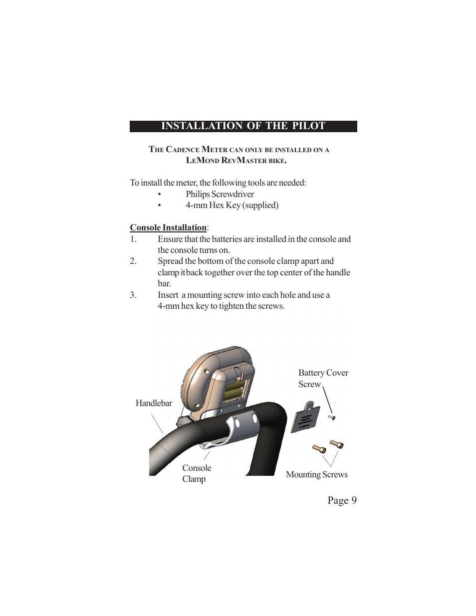 Page 9, Installation of the pilot | LeMond RevMaster Pilot User Manual | Page 9 / 29