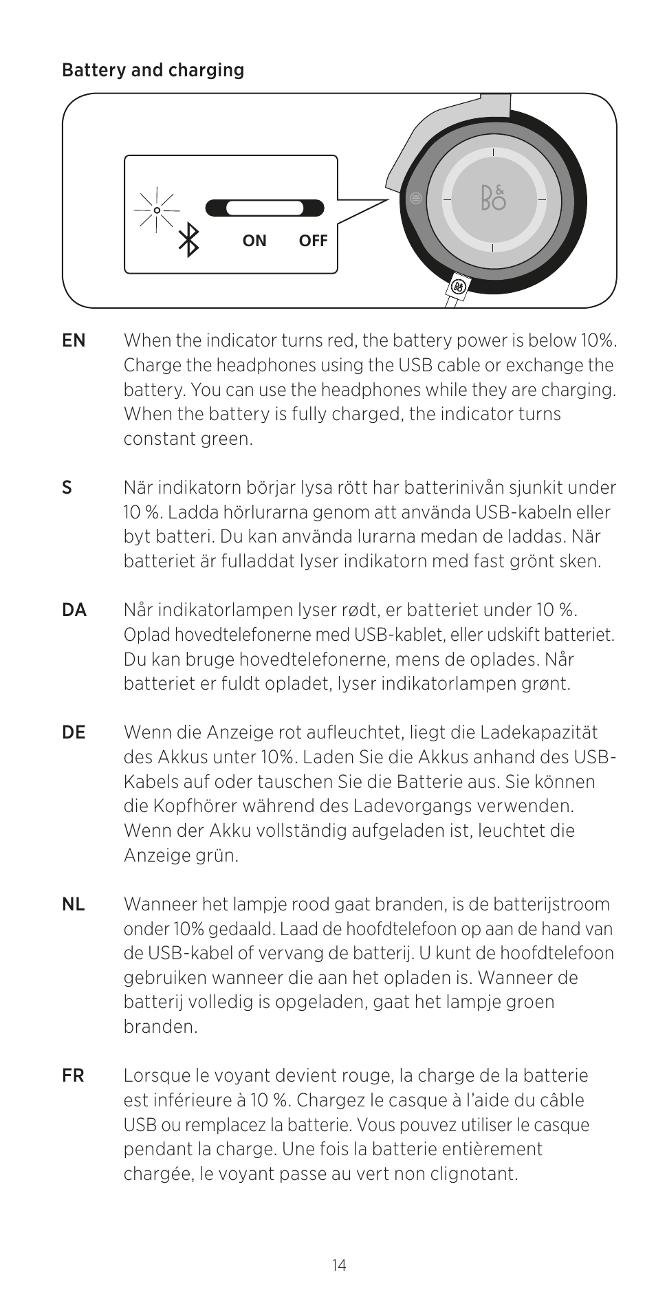 Battery and charging | Bang & Olufsen BeoPlay H8 User Manual | Page 14 / 24
