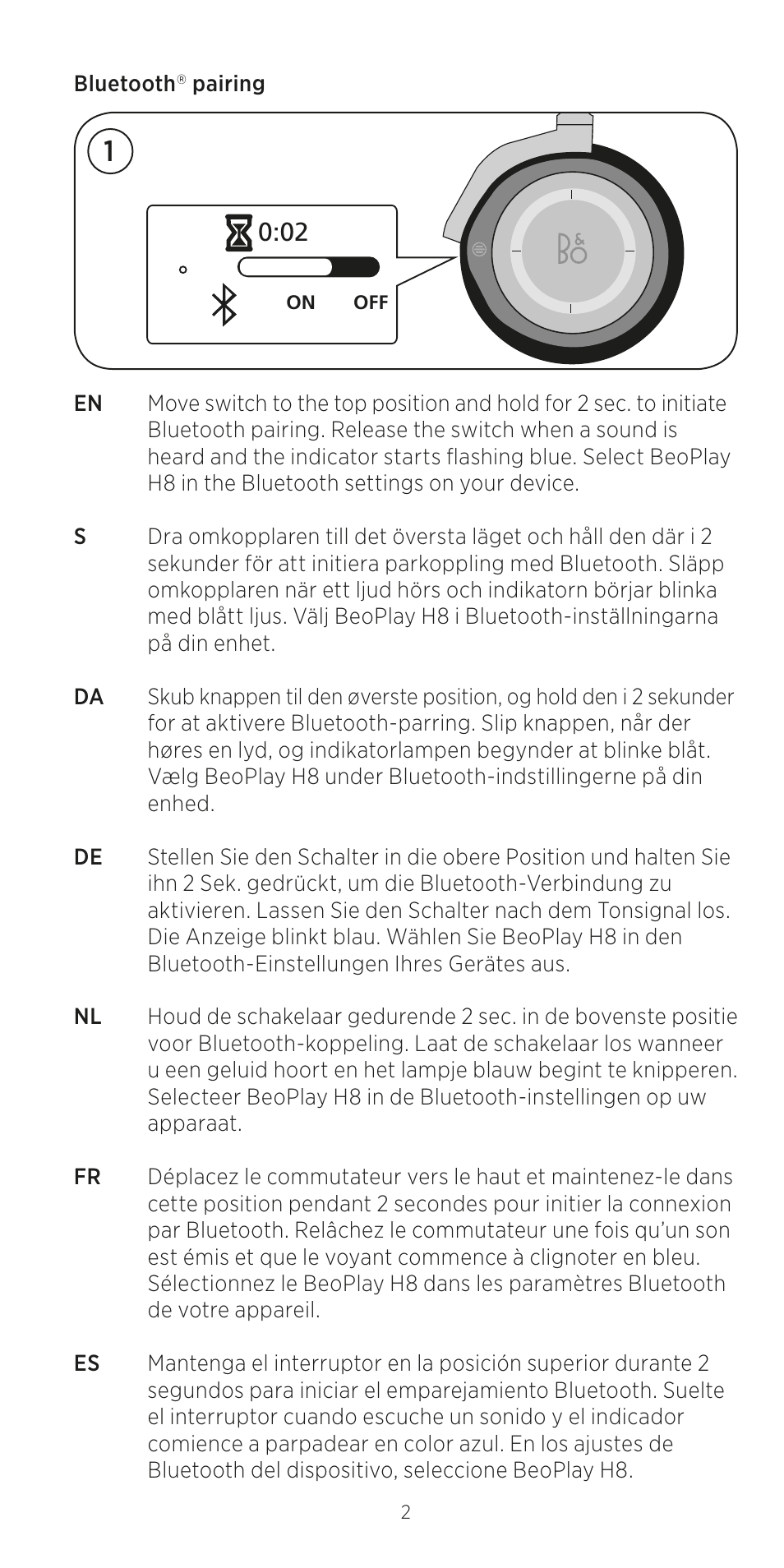 Bluetooth® pairing | Bang & Olufsen BeoPlay H8 User Manual | Page 2 / 24
