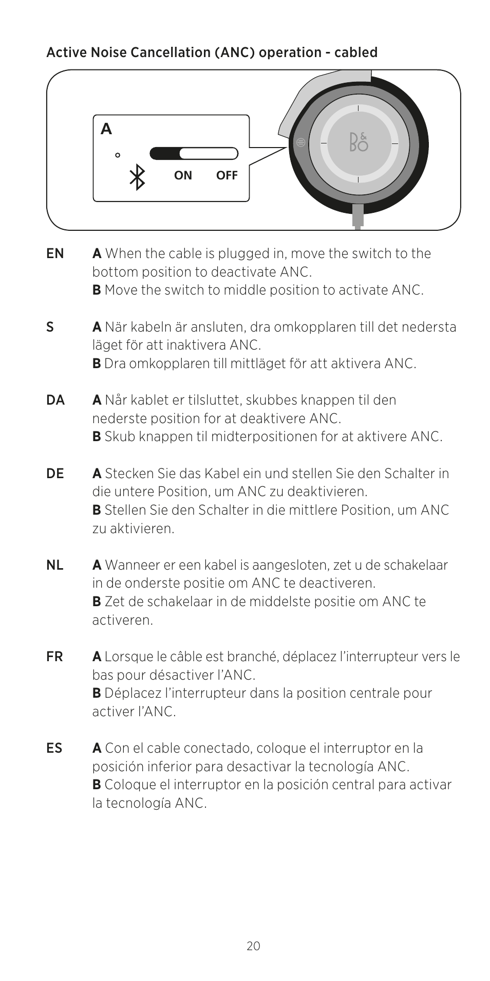 Active noise cancellation (anc) operation - cabled | Bang & Olufsen BeoPlay H8 User Manual | Page 20 / 24