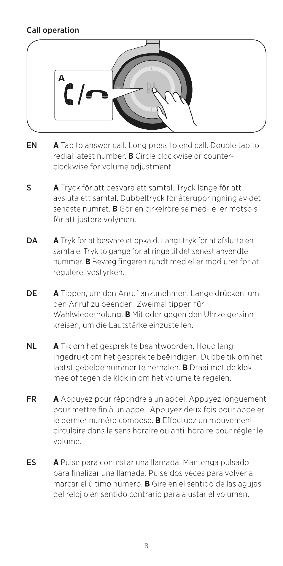 Call operation | Bang & Olufsen BeoPlay H8 User Manual | Page 8 / 24