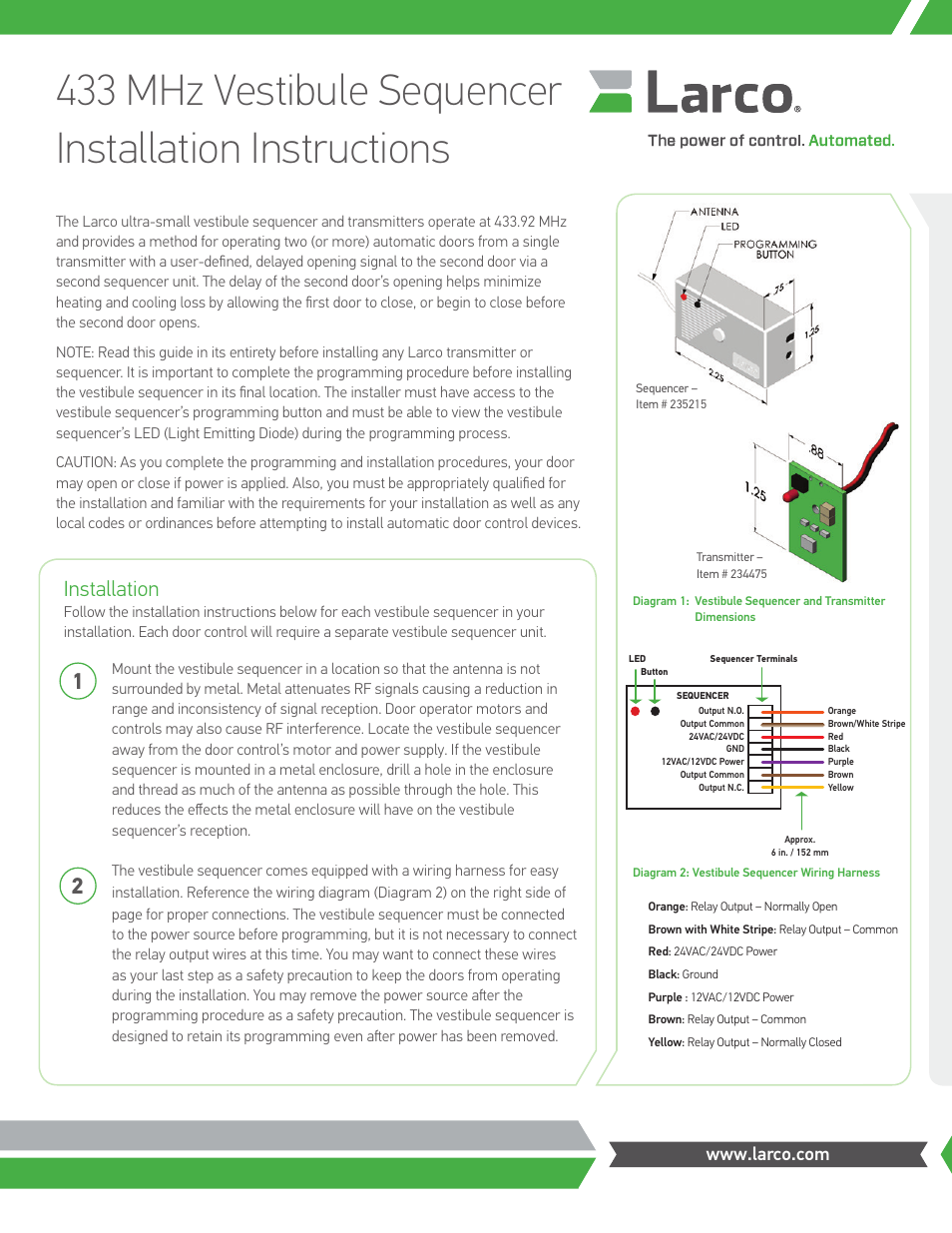 Larco 433 MHz Vestibule Sequencer User Manual | 2 pages