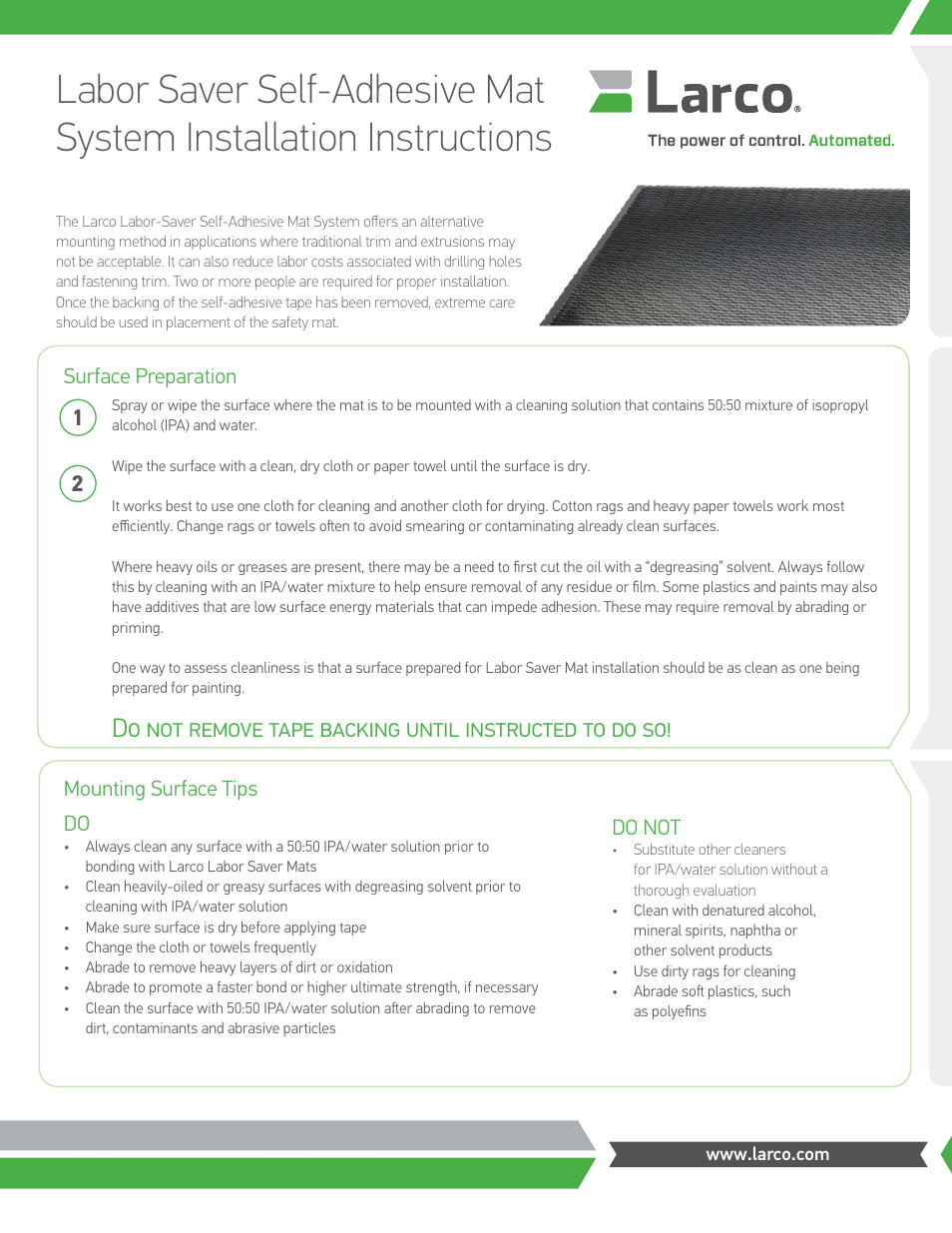 Larco Labor Saver Mat System User Manual | 2 pages