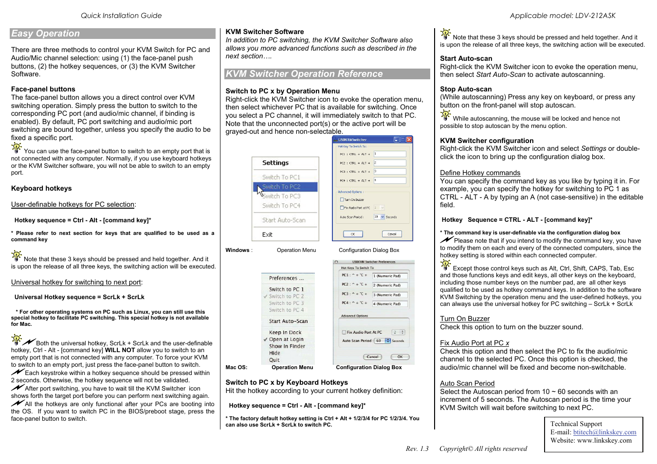 Easy operation, Kvm switcher operation reference | Linkskey LDV-212ASK User Manual | Page 2 / 2