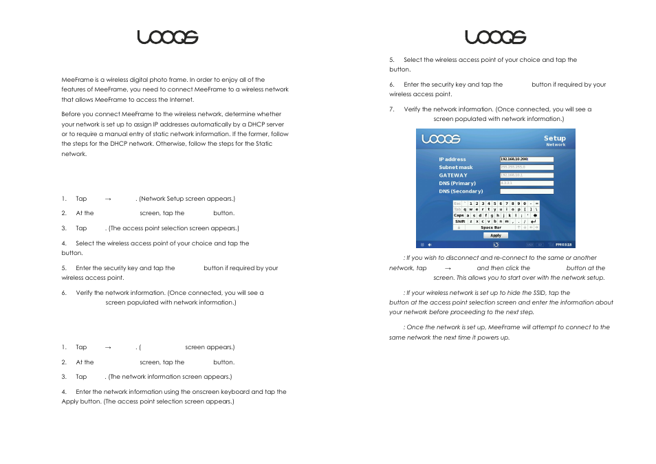 Connecting to your wireless network | LOOQS MeeFrame User Manual | Page 7 / 17