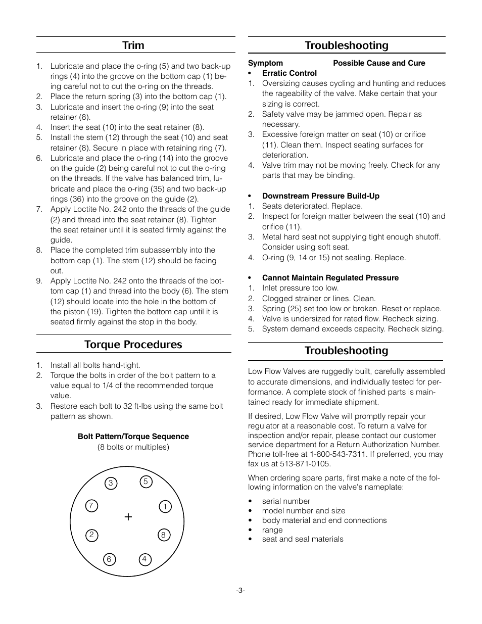 Troubleshooting, Trim, Torque procedures | LowFlow Mark 6800HP Series High Pressure Regulating Valve User Manual | Page 3 / 4