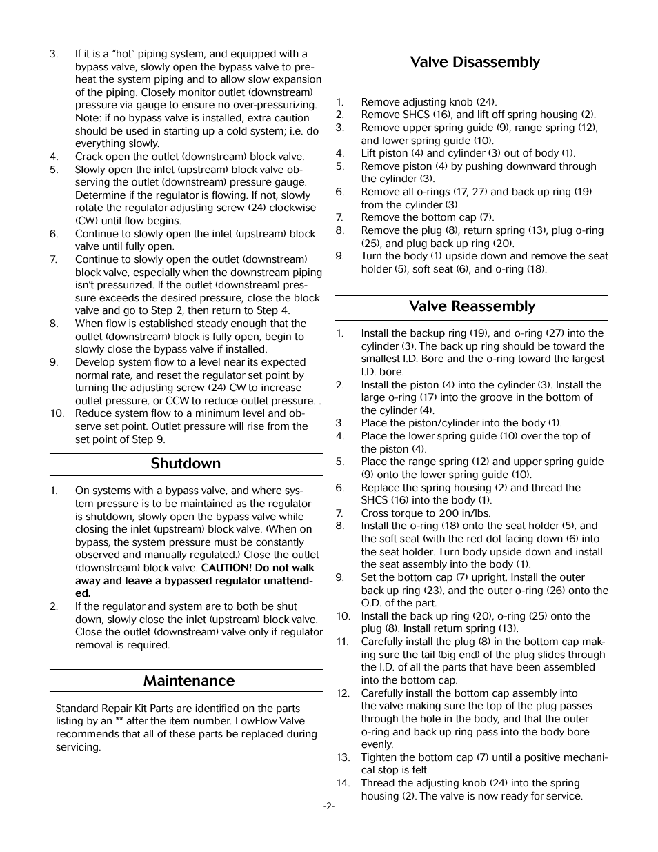 Shutdown, Maintenance, Valve disassembly | Valve reassembly | LowFlow JRPL/JRPH Series Pressure Regulators User Manual | Page 2 / 4