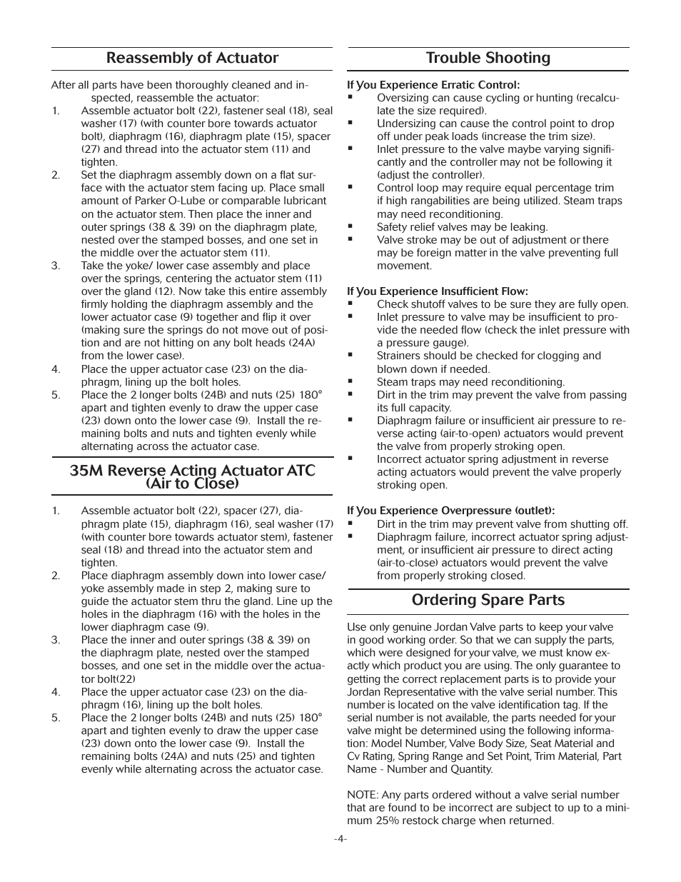 Reassembly of actuator, 35m reverse acting actuator atc (air to close), Trouble shooting | Ordering spare parts | LowFlow Mark 708HP Series 8000 psi Control Valve User Manual | Page 4 / 5