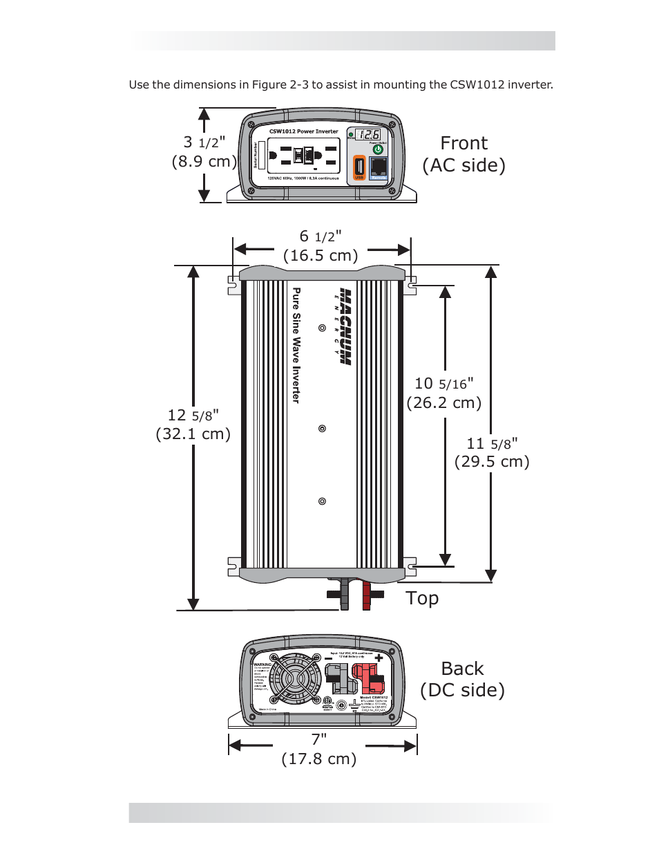 Front (ac side) back (dc side) top | Magnum Energy CSW1012 User Manual | Page 11 / 24