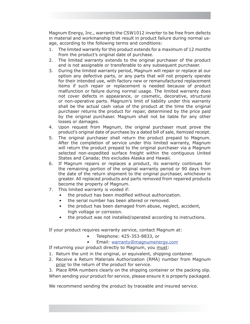 0 limited warranty, 1 how to receive warranty service, 0 service and warranty info 6.0 limited warranty | Magnum Energy CSW1012 User Manual | Page 23 / 24