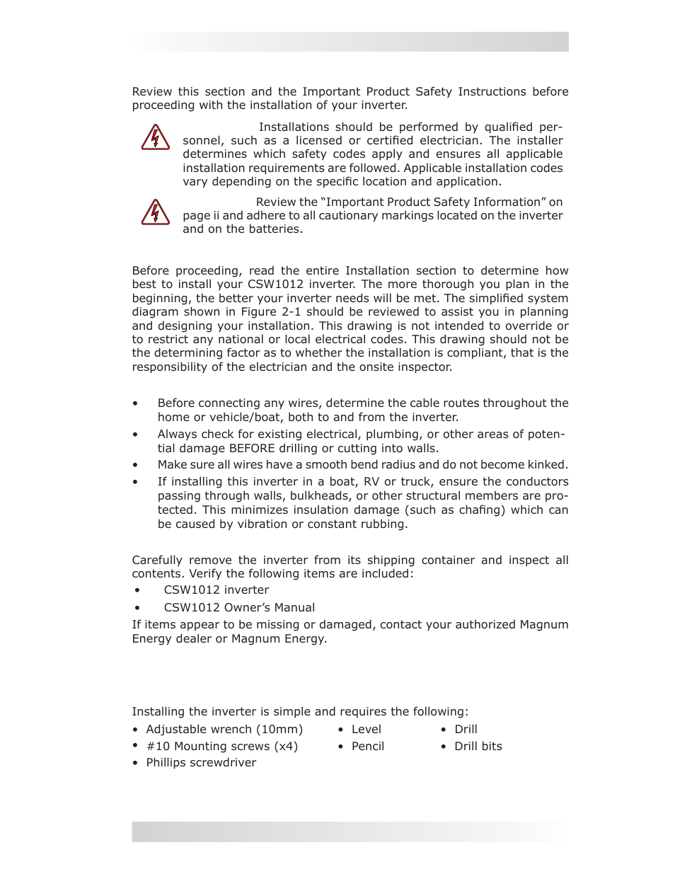 0 installation, 1 pre-installation | Magnum Energy CSW1012 User Manual | Page 7 / 24