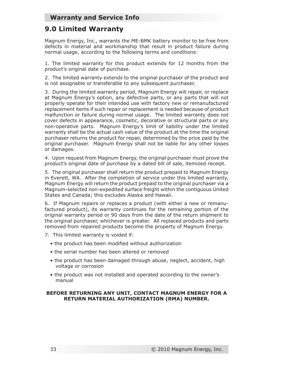 0 limited warranty, Warranty and service info | Magnum Energy Battery Monitor Kit ME-BMK User Manual | Page 37 / 39