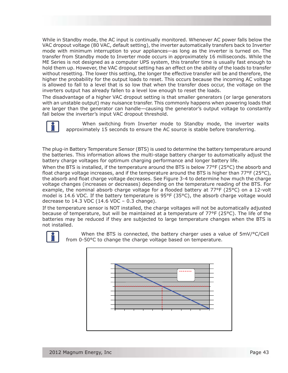 4 transfer time, 5 battery temperature sensor operation, Operation 3.4 transfer time | Temperature compensation using bts | Magnum Energy ME Series User Manual | Page 51 / 68