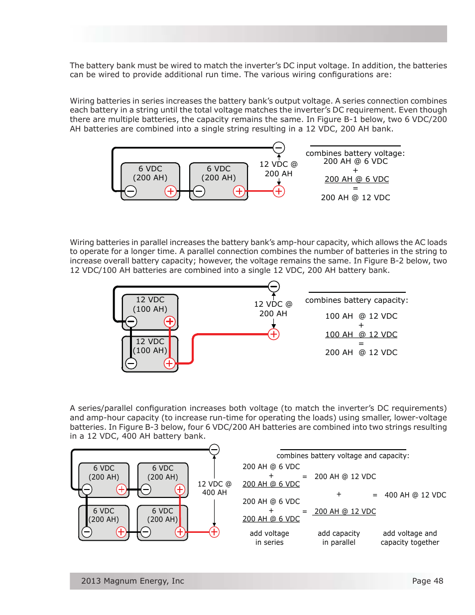 B-6 battery wiring confi gurations, B-6.1 series wiring, B-6.2 parallel wiring | B-6.3 series-parallel wiring | Magnum Energy MSH-M Series User Manual | Page 57 / 64