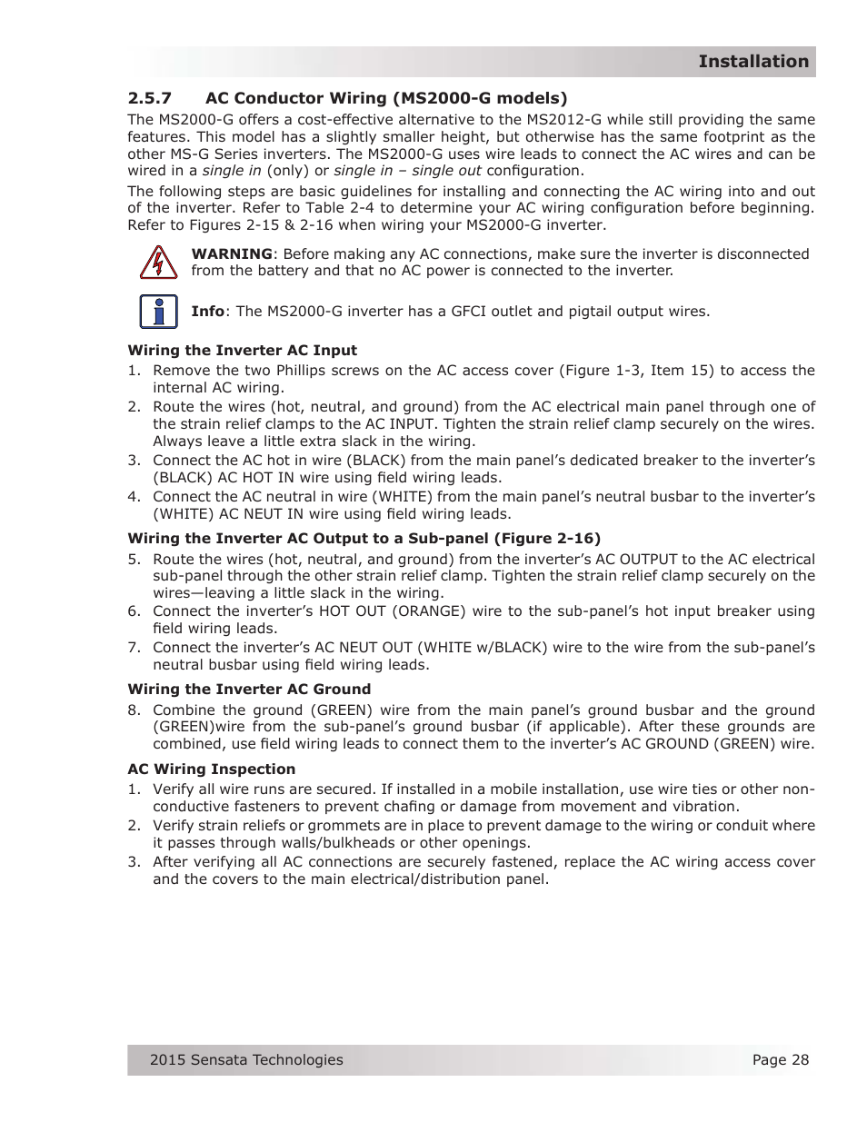 7 ac conductor wiring (ms2000-g models) | Magnum Energy MS-G Series User Manual | Page 36 / 74