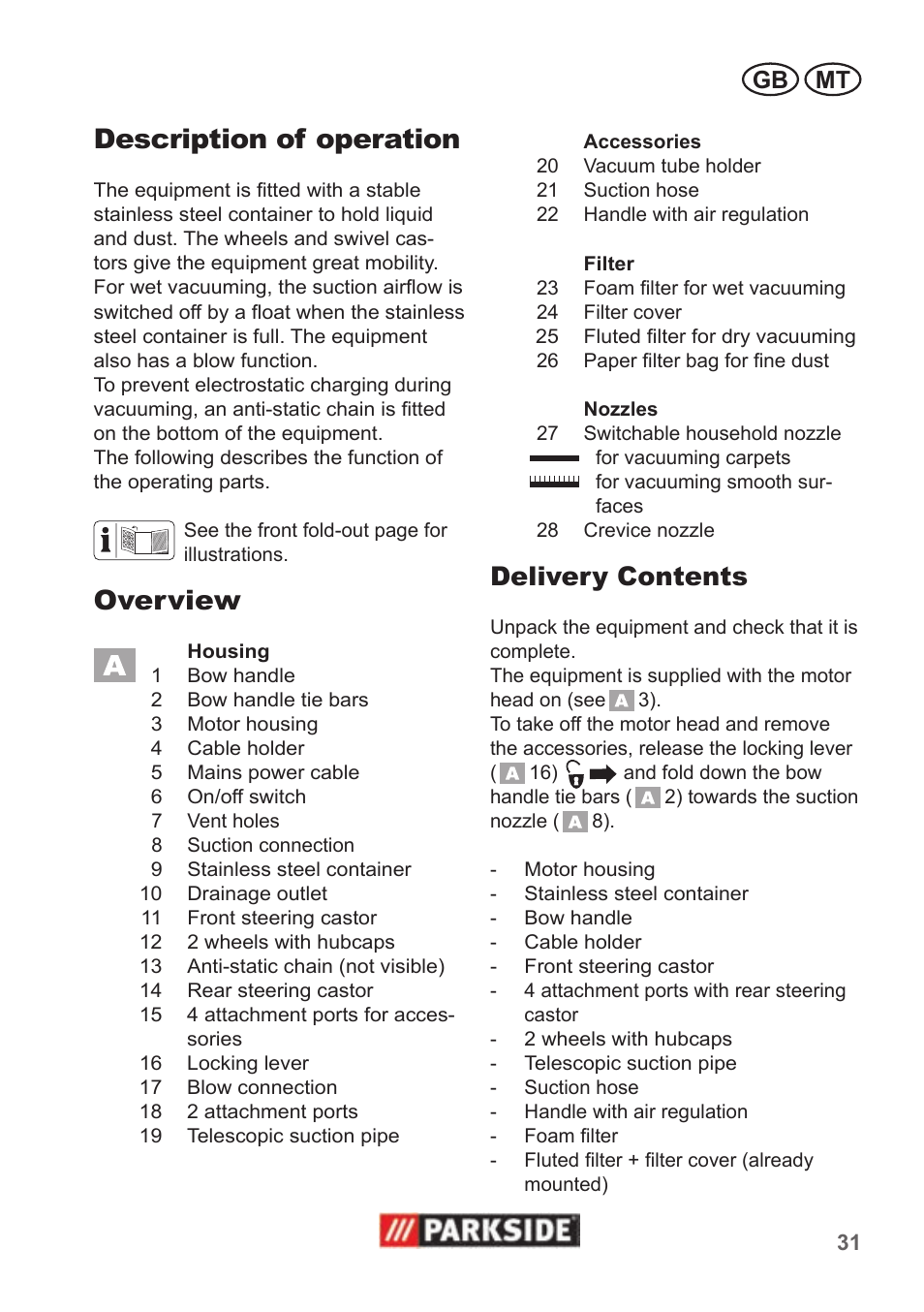 Description of operation, Overview, Delivery contents | Gb mt | Parkside PNTS 1400 B1 User Manual | Page 31 / 50