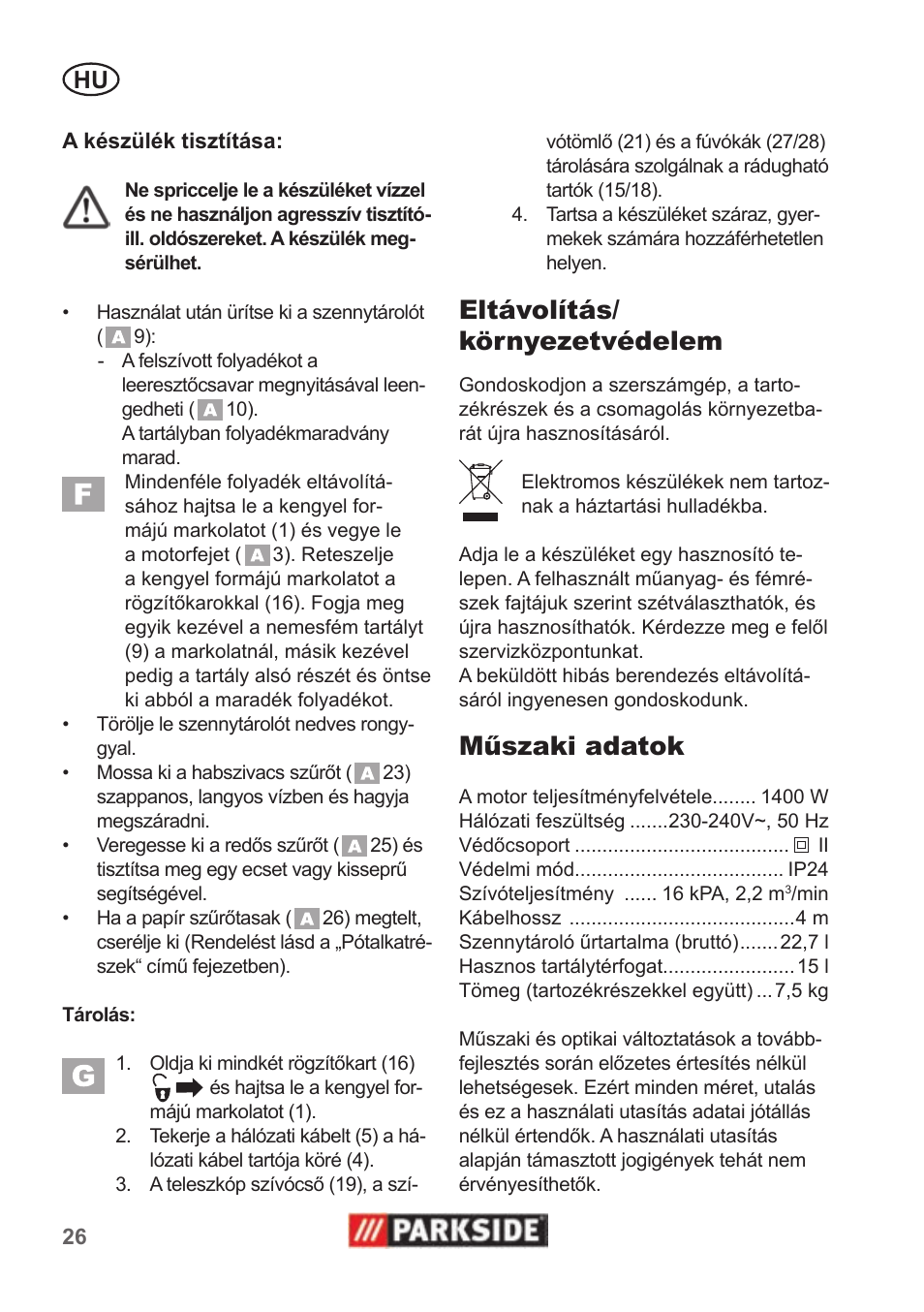 Eltávolítás/ környezetvédelem, Műszaki adatok | Parkside PNTS 1400 B1 User Manual | Page 26 / 66