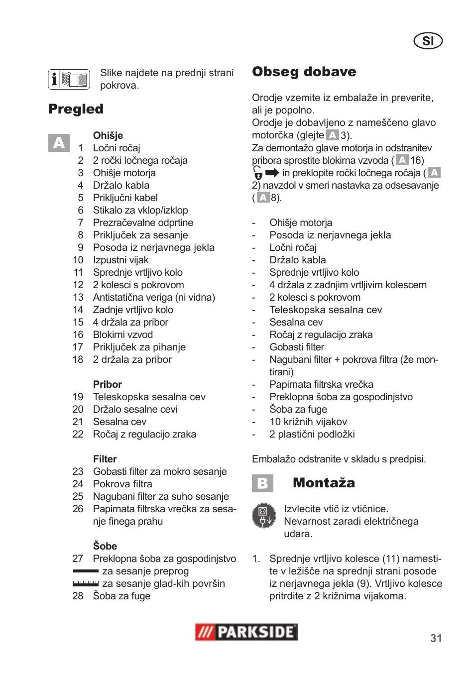 Pregled, Obseg dobave, Montaža | Parkside PNTS 1400 B1 User Manual | Page 31 / 66