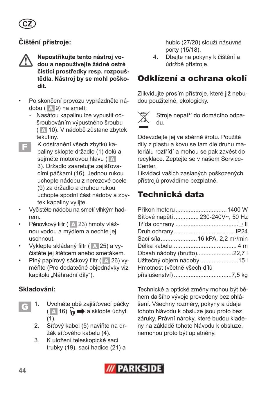 Odklízení a ochrana okolí, Technická data | Parkside PNTS 1400 B1 User Manual | Page 44 / 66