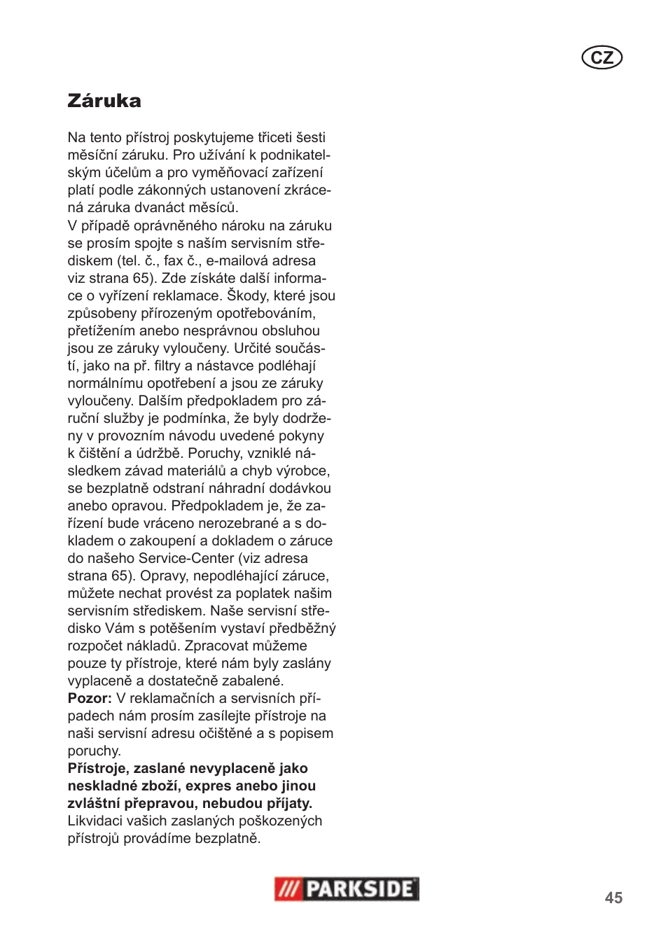 Záruka | Parkside PNTS 1400 B1 User Manual | Page 45 / 66