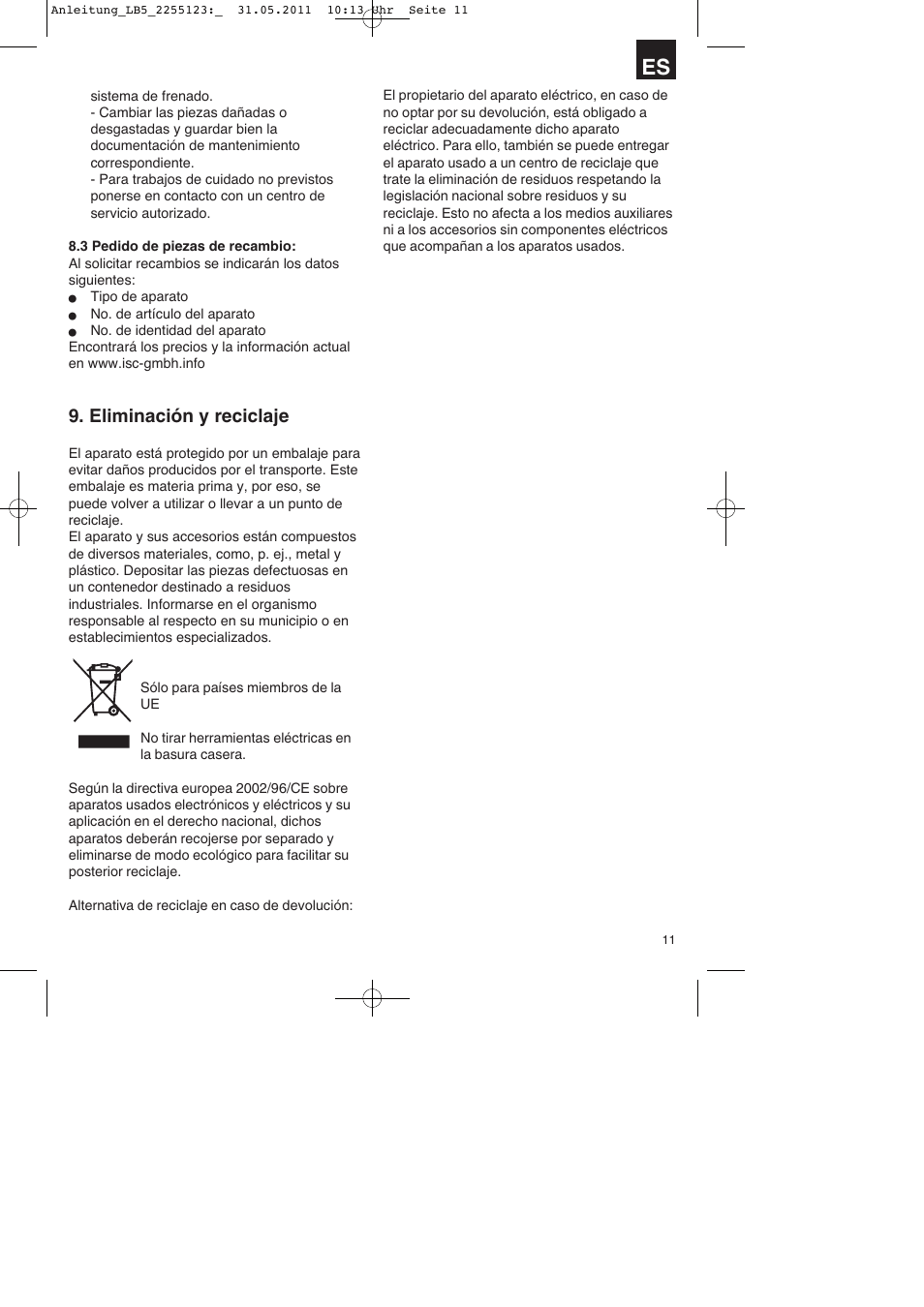 Eliminación y reciclaje | Parkside PSZ 250 A2 User Manual | Page 11 / 40