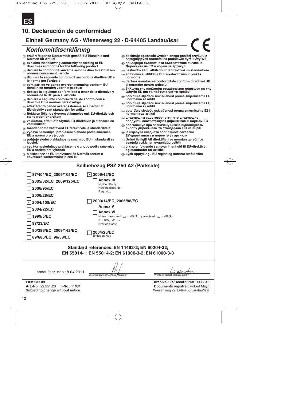 Declaración de conformidad, Konformitätserklärung, Seilhebezug psz 250 a2 (parkside) | Parkside PSZ 250 A2 User Manual | Page 12 / 40