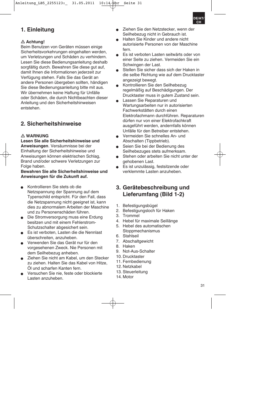 Einleitung, Sicherheitshinweise, Gerätebeschreibung und lieferumfang (bild 1-2) | Parkside PSZ 250 A2 User Manual | Page 31 / 40