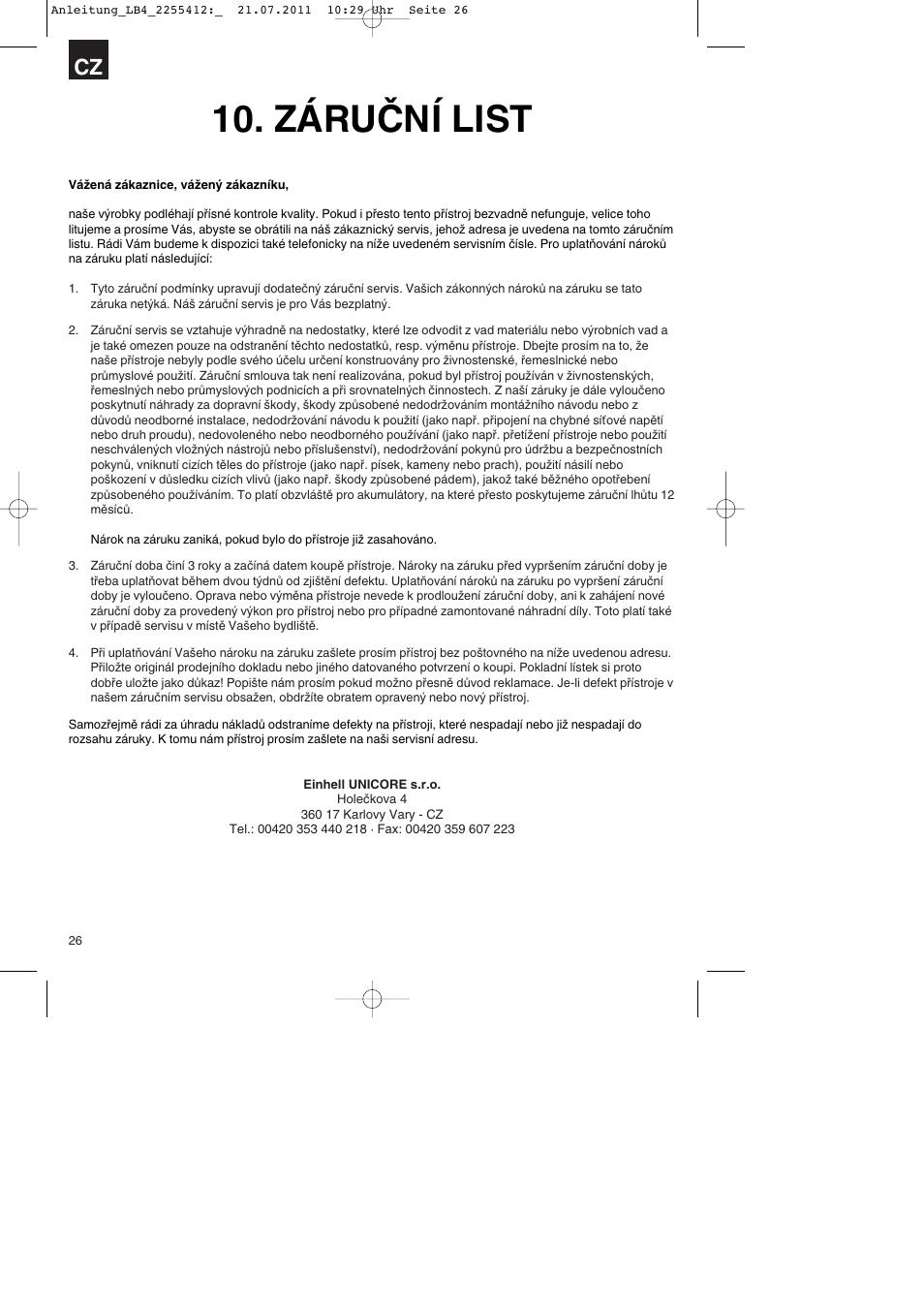 Záruční list | Parkside PSZ 250 A2 User Manual | Page 26 / 44