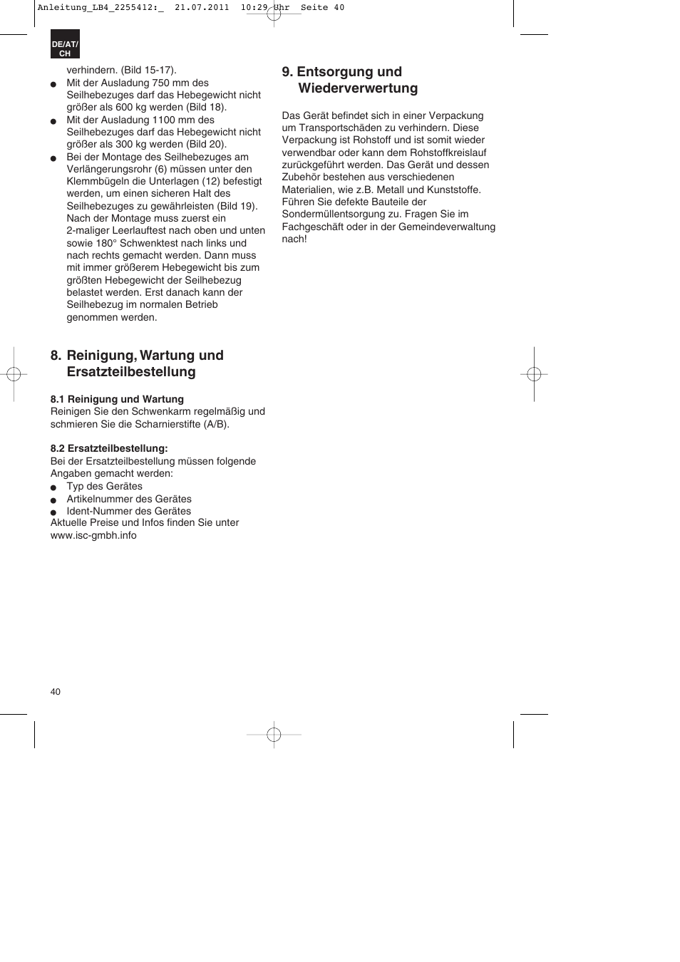 Reinigung, wartung und ersatzteilbestellung, Entsorgung und wiederverwertung | Parkside PSZ 250 A2 User Manual | Page 40 / 44