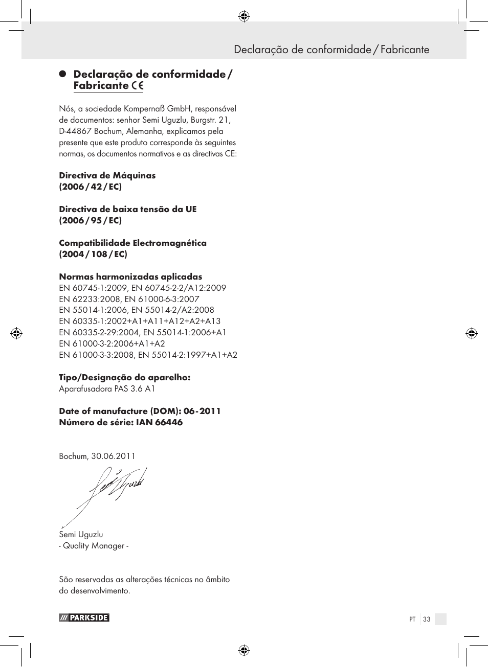 Declaração de conformidade / fabricante | Parkside PAS 3.6 A1 User Manual | Page 33 / 52