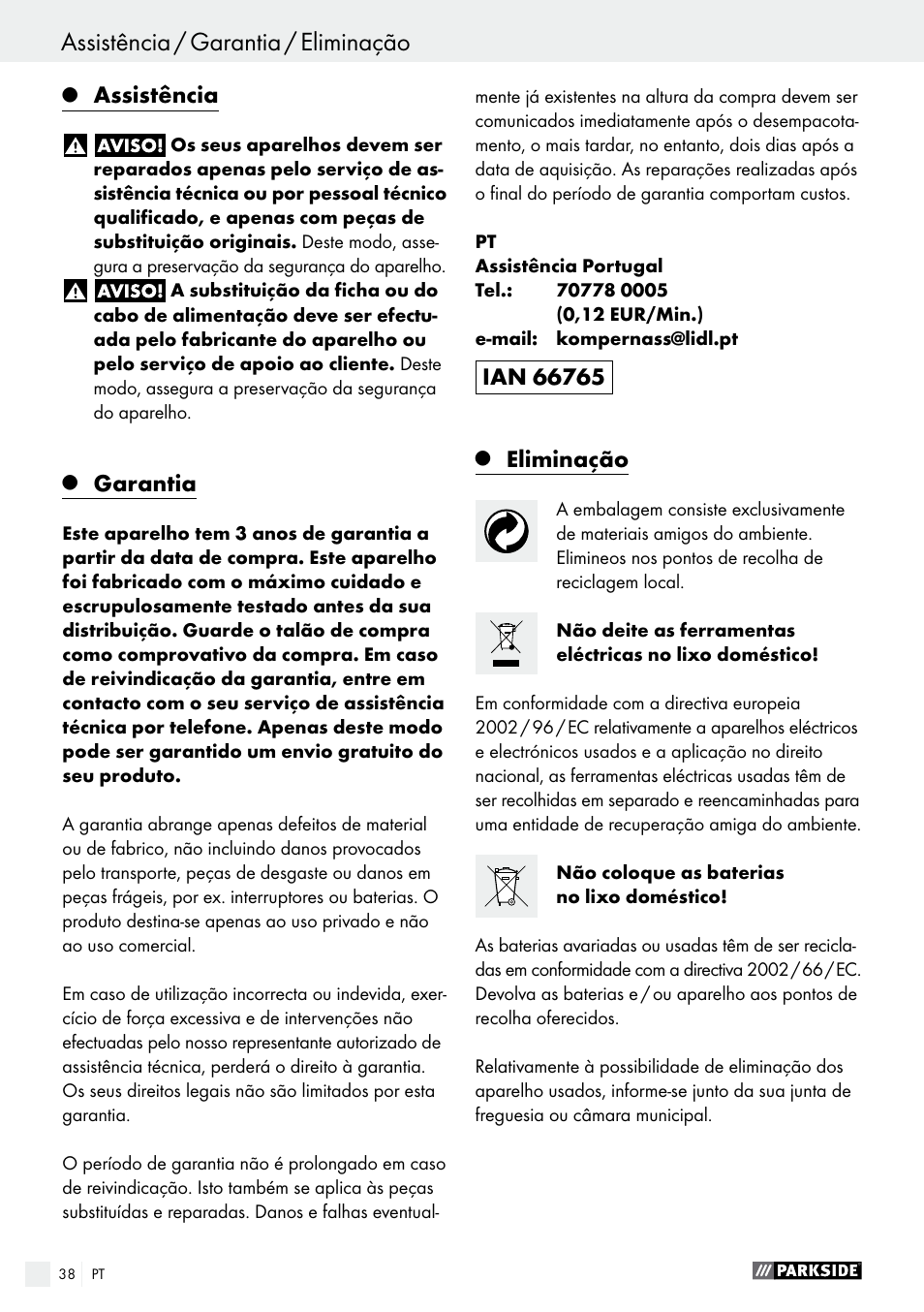 Assistência, Garantia, Eliminação | Parkside PABS 18-Li B2 User Manual | Page 38 / 62
