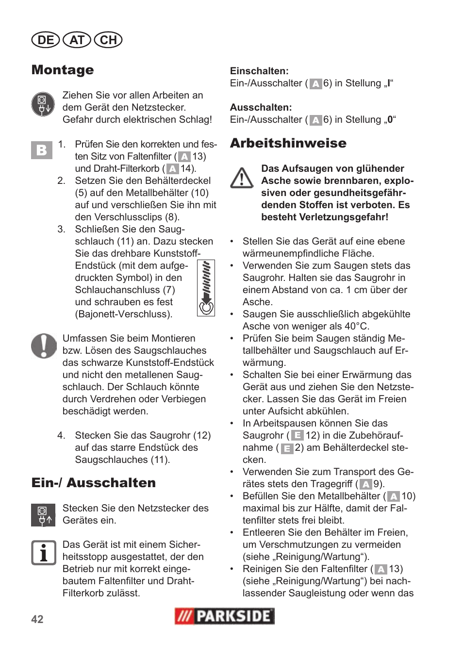 Montage, Ein-/ ausschalten, Arbeitshinweise | De at ch | Parkside PAS 500 B1 User Manual | Page 42 / 50